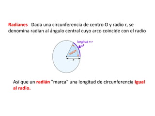 Radianes Dada una circunferencia de centro O y radio r, se
denomina radian al ángulo central cuyo arco coincide con el radio




  Así que un radián "marca" una longitud de circunferencia igual
  al radio.
 