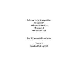 Enfoque de la Discapacidad
Integración
Inclusión Educativa
Diversidad
Neurodiversidad
Dra. Monona Valdes Cortez
Clase N°3
Martes 09/04/2024
 