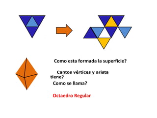 Como esta formada la superficie?

   Cantos vértices y arista
tiene?
 Como se llama?

 Octaedro Regular
 