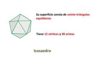 Su superficie consta de veinte triángulos
 equiláteros



 Tiene 12 vértices y 30 aristas




Icosaedro
 