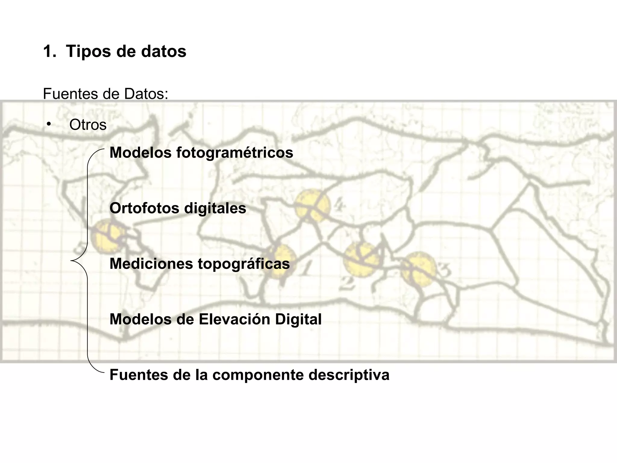 Fuentes de Datos: Otros Tipos de datos Modelos fotogramétricos Ortofotos digitales Mediciones topográficas Modelos de Elevación Digital Fuentes de la componente descriptiva 