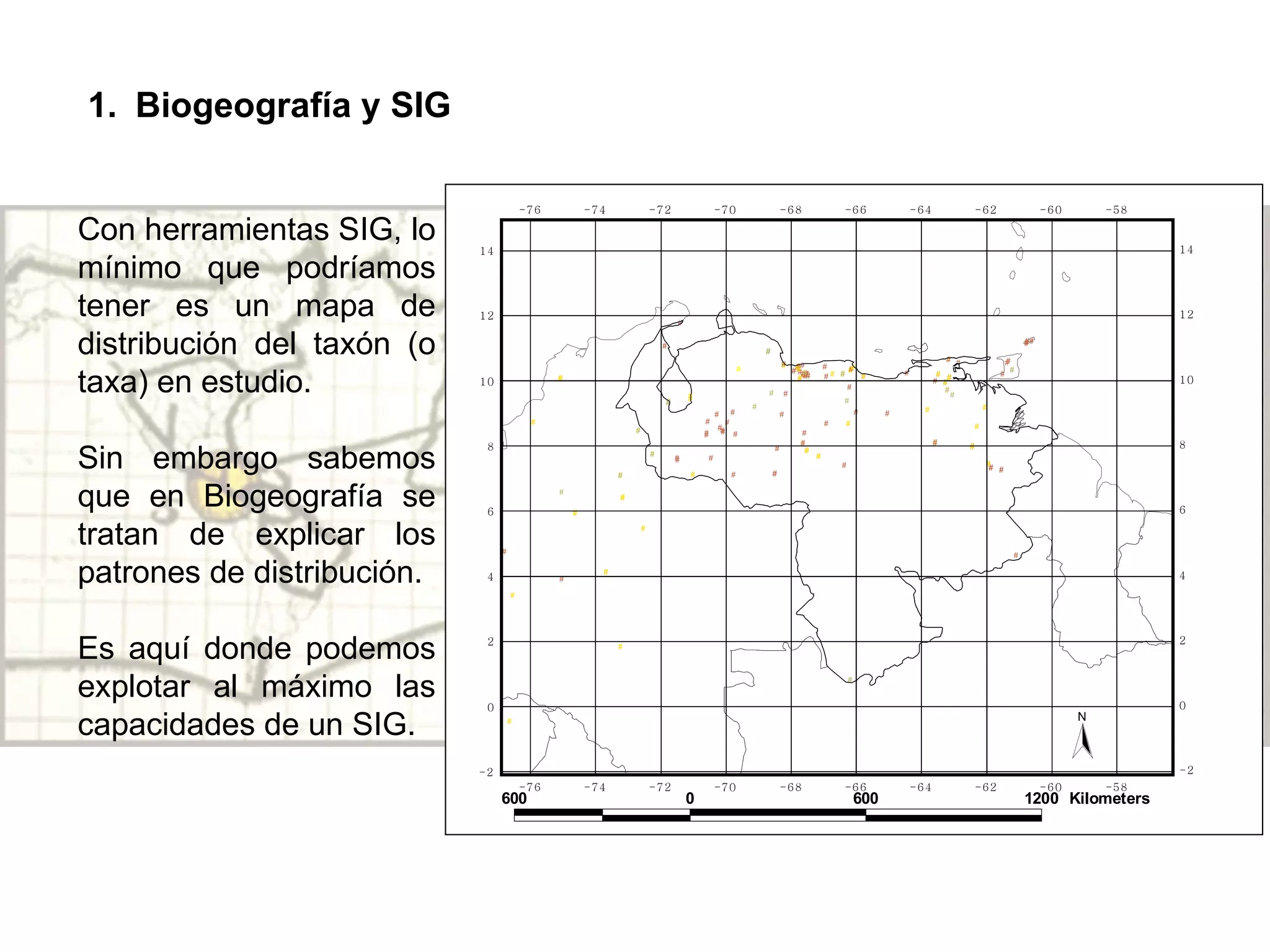 Biogeografía y SIG Con herramientas SIG, lo mínimo que podríamos tener es un mapa de distribución del taxón (o taxa) en estudio. Sin embargo sabemos que en Biogeografía se tratan de explicar los patrones de distribución. Es aquí donde podemos explotar al máximo las capacidades de un SIG.  