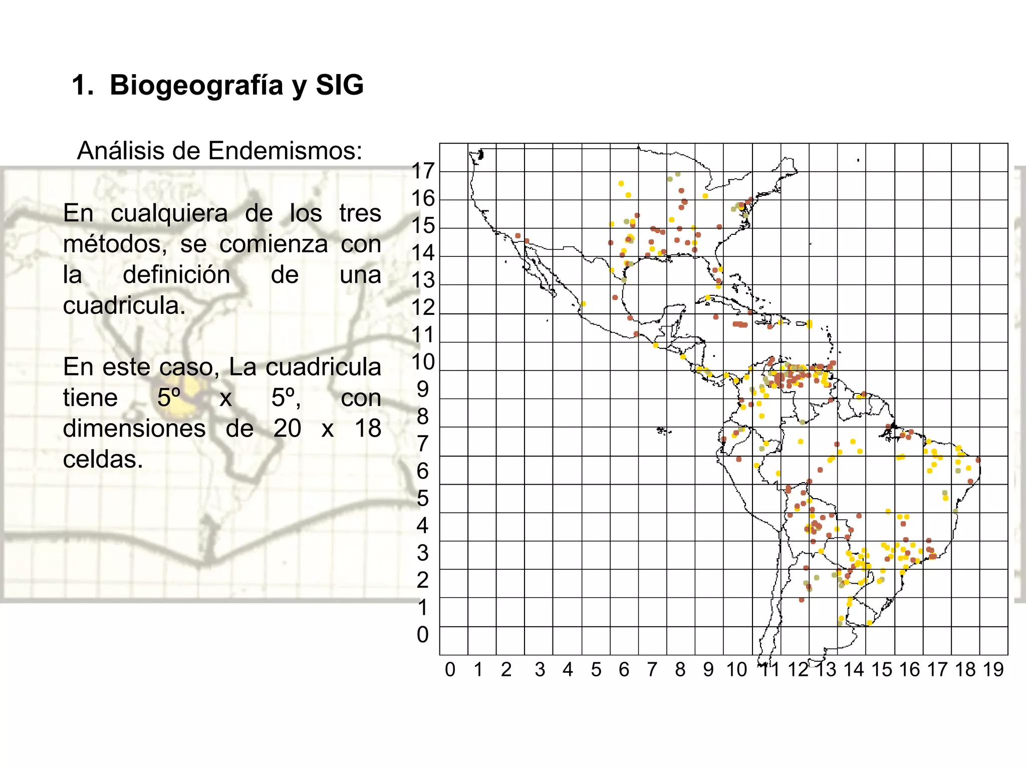 Biogeografía y SIG Análisis de Endemismos: En cualquiera de los tres métodos, se comienza con la definición de una cuadricula. En este caso, La cuadricula tiene 5º x 5º, con dimensiones de 20 x 18 celdas. 0  1  2  3  4  5  6  7  8  9  10  11 12 13 14 15 16 17 18 19 17 16 15 14 13 12 11 10 9 8 7 6 5 4 3 2 1 0 