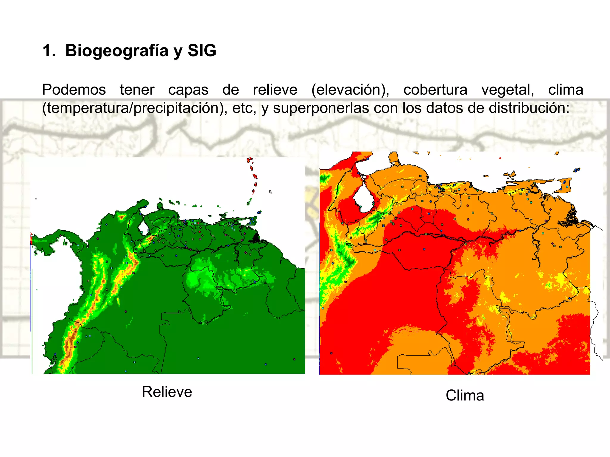 Biogeografía y SIG Podemos tener capas de relieve (elevación), cobertura vegetal, clima (temperatura/precipitación), etc, y superponerlas con los datos de distribución: Clima Relieve 