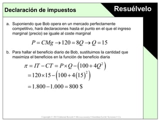 Copyright © 2015 Editorial Reverté  Microeconomía  Goolsbee/Levitt/ Syverson  1/e
ResuélveloDeclaración de impuestos
a. Suponiendo que Bob opera en un mercado perfectamente
competitivo, hará declaraciones hasta el punto en el que el ingreso
marginal (precio) se iguale al coste marginal
b. Para hallar el beneficio diario de Bob, sustituimos la cantidad que
maximiza el beneficios en la función de beneficio diaria
120 8 15P CMg Q Q    
 2
100 4IT CT P Q Q      
  2
120 15 100 4 15
1.800 1.000 800 $
   
  
 