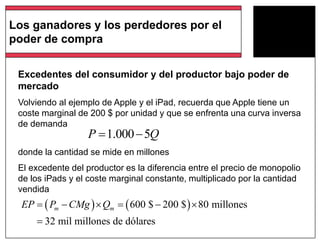 Excedentes del consumidor y del productor bajo poder de
mercado
Volviendo al ejemplo de Apple y el iPad, recuerda que Apple tiene un
coste marginal de 200 $ por unidad y que se enfrenta una curva inversa
de demanda
donde la cantidad se mide en millones
El excedente del productor es la diferencia entre el precio de monopolio
de los iPads y el coste marginal constante, multiplicado por la cantidad
vendida
1.000 5P Q 
   600 $ 200 $ 80 millones
32 mil millones de dólares
m mEP P CMg Q     

Los ganadores y los perdedores por el
poder de compra
 