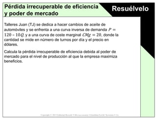 Copyright © 2015 Editorial Reverté  Microeconomía  Goolsbee/Levitt/ Syverson  1/e
ResuélveloPérdida irrecuperable de eficiencia
y poder de mercado
Talleres Juan (TJ) se dedica a hacer cambios de aceite de
automóviles y se enfrenta a una curva inversa de demanda P =
120 – 10Q, y a una curva de coste marginal CMg = 20, donde la
cantidad se mide en número de turnos por día y el precio en
dólares.
Calcula la pérdida irrecuperable de eficiencia debida al poder de
mercado para el nivel de producción al que la empresa maximiza
beneficios.
 