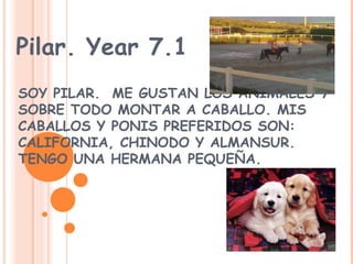 SOY PILAR. ME GUSTAN LOS ANIMALES Y
SOBRE TODO MONTAR A CABALLO. MIS
CABALLOS Y PONIS PREFERIDOS SON:
CALIFORNIA, CHINODO Y ALMANSUR.
TENGO UNA HERMANA PEQUEÑA.
Pilar. Year 7.1
 