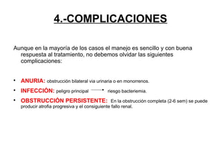 4.-COMPLICACIONES
Aunque en la mayoría de los casos el manejo es sencillo y con buena
respuesta al tratamiento, no debemos olvidar las siguientes
complicaciones:

ANURIA: obstrucción bilateral via urinaria o en monorrenos.

INFECCIÓN: peligro principal riesgo bacteriemia.

OBSTRUCCIÓN PERSISTENTE: En la obstrucción completa (2-6 sem) se puede
producir atrofia progresiva y el consiguiente fallo renal.
 