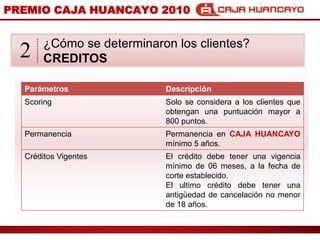 PREMIO CAJA HUANCAYO 2010?Cmo se determinaron los clientes?  CREDITOS2