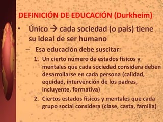 LA EDUCACIÓN EN DURKHEIMLos sistemas educativos dependen históricamente de: La religiónLa organización políticaEl nivel de desarrollo de las cienciasEl estado de la industria