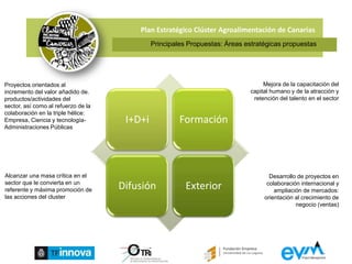 Plan Estratégico Clúster Agroalimentación de CanariasAnálisis Situación: DAFODebilidades-Lenta adaptación a las nuevas tecnologías-Falta de relevo generacional en algunas empresas-Estacionalidad del trabajo en actividades del sector primario-Nivel de formación del equipo humano-Inadecuadas infraestructuras locales-Déficit en capacidad comercializadora y marketing-Pequeñas empresas no diferenciadas-Inexistencia de una buena plataforma logística-Sensación de lejanía respecto al continente europeo entre muchas empresas del sector-Carencia de una buena oferta de formación continua-Demanda orientada a precios, lo cual desfavorece claramente a los productos con una elaboración tradicional/artesanal-Escasa producción ecológica-Deficiente proyección del origen (excepto para el queso)-Insularidad y orografía con la consecuente fragmentación del territorio lo que determina, en muchos casos, el tamaño de las explotaciones agrícolas y ganaderas.-Aumento de la edad media de las personas dedicadas a las actividades agrícola y/o ganadera-Falta de ejecución de buenas prácticas en las explotaciones