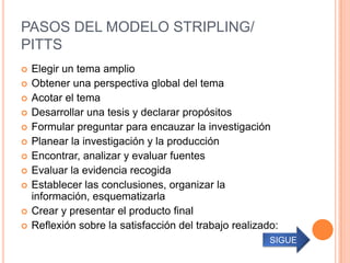 PASOS DEL MODELO STRIPLING/
PITTS
   Elegir un tema amplio
   Obtener una perspectiva global del tema
   Acotar el tema
   Desarrollar una tesis y declarar propósitos
   Formular preguntar para encauzar la investigación
   Planear la investigación y la producción
   Encontrar, analizar y evaluar fuentes
   Evaluar la evidencia recogida
   Establecer las conclusiones, organizar la
    información, esquematizarla
   Crear y presentar el producto final
   Reflexión sobre la satisfacción del trabajo realizado:
                                                        SIGUE
 