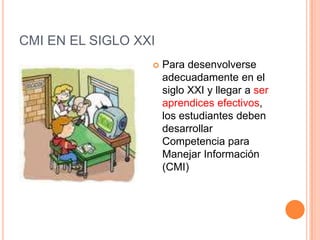 CMI EN EL SIGLO XXI
                     Para desenvolverse
                      adecuadamente en el
                      siglo XXI y llegar a ser
                      aprendices efectivos,
                      los estudiantes deben
                      desarrollar
                      Competencia para
                      Manejar Información
                      (CMI)
 