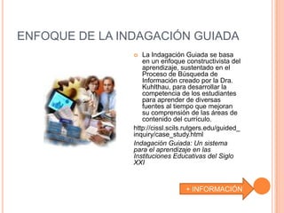 ENFOQUE DE LA INDAGACIÓN GUIADA
                  La Indagación Guiada se basa
                   en un enfoque constructivista del
                   aprendizaje, sustentado en el
                   Proceso de Búsqueda de
                   Información creado por la Dra.
                   Kuhlthau, para desarrollar la
                   competencia de los estudiantes
                   para aprender de diversas
                   fuentes al tiempo que mejoran
                   su comprensión de las áreas de
                   contenido del currículo.
                http://cissl.scils.rutgers.edu/guided_
                inquiry/case_study.html
                Indagación Guiada: Un sistema
                para el aprendizaje en las
                Instituciones Educativas del Siglo
                XXI


                                  + INFORMACIÓN
 