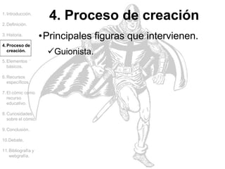 1.Introducción.
2.Definición.
3.Historia.
4.Proceso de
creación.
5.Elementos
básicos.
6.Recursos
específicos.
7.El cómic como
recurso
educativo.
8.Curiosidades
sobre el cómic.
9.Conclusión.
10.Debate.
11.Bibliografía y
webgrafía.
4. Proceso de creación
•Principales figuras que intervienen.
Guionista.
 