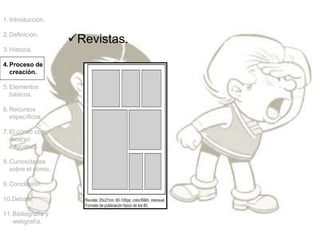 1.Introducción.
2.Definición.
3.Historia.
4.Proceso de
creación.
5.Elementos
básicos.
6.Recursos
específicos.
7.El cómic como
recurso
educativo.
8.Curiosidades
sobre el cómic.
9.Conclusión.
10.Debate.
11.Bibliografía y
webgrafía.
Revistas.
 