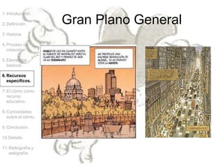 1.Introducción.
2.Definición.
3.Historia.
4.Proceso de
creación.
5.Elementos
básicos.
6.Recursos
específicos.
7.El cómic como
recurso
educativo.
8.Curiosidades
sobre el cómic.
9.Conclusión.
10.Debate.
11.Bibliografía y
webgrafía.
Gran Plano General
 