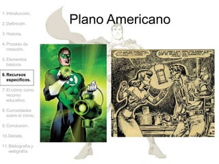 Plano Americano
1.Introducción.
2.Definición.
3.Historia.
4.Proceso de
creación.
5.Elementos
básicos.
6.Recursos
específicos.
7.El cómic como
recurso
educativo.
8.Curiosidades
sobre el cómic.
9.Conclusión.
10.Debate.
11.Bibliografía y
webgrafía.
 