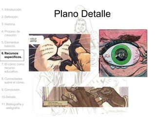 1.Introducción.
2.Definición.
3.Historia.
4.Proceso de
creación.
5.Elementos
básicos.
6.Recursos
específicos.
7.El cómic como
recurso
educativo.
8.Curiosidades
sobre el cómic.
9.Conclusión.
10.Debate.
11.Bibliografía y
webgrafía.
Plano Detalle
 