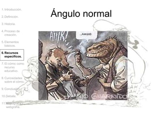 1.Introducción.
2.Definición.
3.Historia.
4.Proceso de
creación.
5.Elementos
básicos.
6.Recursos
específicos.
7.El cómic como
recurso
educativo.
8.Curiosidades
sobre el cómic.
9.Conclusión.
10.Debate.
11.Bibliografía y
webgrafía.
Ángulo normal
 
