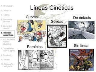 Líneas Cinéticas
Paralelas
Sólidas
De énfasis
Curvas
Sin línea
1.Introducción.
2.Definición.
3.Historia.
4.Proceso de
creación.
5.Elementos
básicos.
6.Recursos
específicos.
7.El cómic como
recurso
educativo.
8.Curiosidades
sobre el cómic.
9.Conclusión.
10.Debate.
11.Bibliografía y
webgrafía.
 