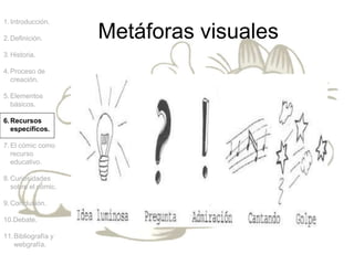 Metáforas visuales
1.Introducción.
2.Definición.
3.Historia.
4.Proceso de
creación.
5.Elementos
básicos.
6.Recursos
específicos.
7.El cómic como
recurso
educativo.
8.Curiosidades
sobre el cómic.
9.Conclusión.
10.Debate.
11.Bibliografía y
webgrafía.
 