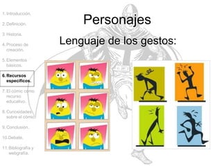 Personajes
Lenguaje de los gestos:
1.Introducción.
2.Definición.
3.Historia.
4.Proceso de
creación.
5.Elementos
básicos.
6.Recursos
específicos.
7.El cómic como
recurso
educativo.
8.Curiosidades
sobre el cómic.
9.Conclusión.
10.Debate.
11.Bibliografía y
webgrafía.
 