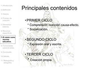 1.Introducción.
2.Definición.
3.Historia.
4.Proceso de
creación.
5.Elementos
básicos.
6.Recursos
específicos.
7.El cómic como
recurso
educativo.
8.Curiosidades
sobre el cómic.
9.Conclusión.
10.Debate.
11.Bibliografía y
webgrafía.
•PRIMER CICLO
* Comprensión reacción causa-efecto.
* Socialización.
•SEGUNDO CICLO
* Expresión oral y escrita.
•TERCER CICLO
* Creación propia.
Principales contenidos
 
