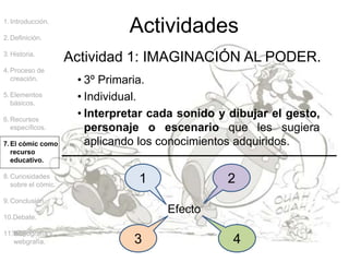 Actividades
1.Introducción.
2.Definición.
3.Historia.
4.Proceso de
creación.
5.Elementos
básicos.
6.Recursos
específicos.
7.El cómic como
recurso
educativo.
8.Curiosidades
sobre el cómic.
9.Conclusión.
10.Debate.
11.Bibliografía y
webgrafía.
• 3º Primaria.
• Individual.
• Interpretar cada sonido y dibujar el gesto,
personaje o escenario que les sugiera
aplicando los conocimientos adquiridos.
Actividad 1: IMAGINACIÓN AL PODER.
Efecto
1 2
3 4
 