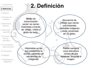 2. Definición
Medio de
comunicación
social: se narran
historietas a través
de: dibujo, viñeta y
globo de texto.
Secuencia de
viñetas que narran
una historieta
mediante imágenes
y texto, encerrado
en un globo.
Forma narrativa
cuya estructura
consta de dos
sistemas: lenguaje e
imagen.
Historietas en las
que predomina la
acción, contadas en
secuencias de
imágenes.
1.Introducción.
2.Definición.
3.Historia.
4.Proceso de
creación.
5.Elementos
básicos.
6.Recursos
específicos.
7.El cómic como
recurso
educativo.
8.Curiosidades
sobre el cómic.
9.Conclusión.
10.Debate.
11.Bibliografía y
webgrafía.
 