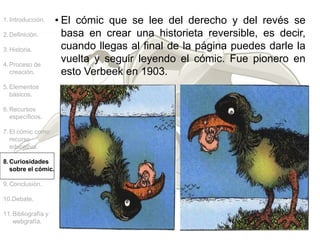 1.Introducción.
2.Definición.
3.Historia.
4.Proceso de
creación.
5.Elementos
básicos.
6.Recursos
específicos.
7.El cómic como
recurso
educativo.
8.Curiosidades
sobre el cómic.
9.Conclusión.
10.Debate.
11.Bibliografía y
webgrafía.
• El cómic que se lee del derecho y del revés se
basa en crear una historieta reversible, es decir,
cuando llegas al final de la página puedes darle la
vuelta y seguir leyendo el cómic. Fue pionero en
esto Verbeek en 1903.
 