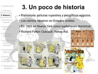 3. Un poco de historia
• Prehistoria: pinturas rupestres y jeroglíficos egipcios.
1.Introducción.
2.Definición.
3.Historia.
4.Proceso de
creación.
5.Elementos
básicos.
6.Recursos
específicos.
7.El cómic como
recurso
educativo.
8.Curiosidades
sobre el cómic.
9.Conclusión.
10.Debate.
11.Bibliografía y
webgrafía.
• Los cómics nacieron en Estados Unidos.
• En 1893 en Nueva York como suplemento dominical.
• Richard Felton Outcault: Yellow Kid.
 