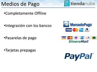 Medios de Pago
•Completamente Offline

•Integración con los bancos

•Pasarelas de pago

•Tarjetas prepagas
 