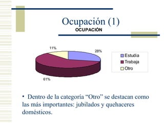 Ocupación (1) Dentro de la categoría “Otro” se destacan como las más importantes: jubilados y quehaceres domésticos. 