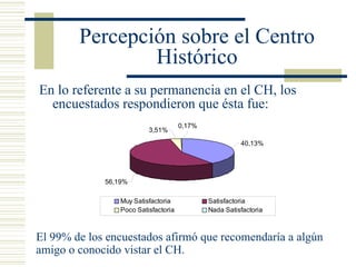 Percepción sobre el Centro Histórico En lo referente a su permanencia en el CH, los encuestados respondieron que ésta fue: El 99% de los encuestados afirmó que recomendaría a algún amigo o conocido vistar el CH. 