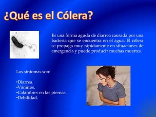 ¿Qué es el Cólera? Es una forma aguda de diarrea causada por una bacteria que se encuentra en el agua. El cólera se propaga muy rápidamente en situaciones de emergencia y puede producir muchas muertes. Los síntomas son: ,[object Object]