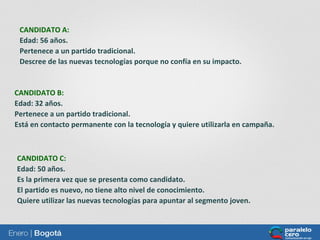 CANDIDATO A:
Edad: 56 años.
Pertenece a un partido tradicional.
Descree de las nuevas tecnologías porque no confía en su impacto.

CANDIDATO B:
Edad: 32 años.
Pertenece a un partido tradicional.
Está en contacto permanente con la tecnología y quiere utilizarla en campaña.

CANDIDATO C:
Edad: 50 años.
Es la primera vez que se presenta como candidato.
El partido es nuevo, no tiene alto nivel de conocimiento.
Quiere utilizar las nuevas tecnologías para apuntar al segmento joven.

 