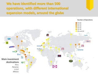 We have identified more than 500
operations, with different international
expansion models, around the globe
Number of Operations
50-60
40-50
30-40
20-30
10 and 20
Peru
Panama
U.S.A
México
Main investment
destinations
 
