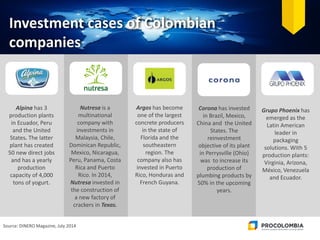 Investment cases of Colombian
companies
Alpina has 3
production plants
in Ecuador, Peru
and the United
States. The latter
plant has created
50 new direct jobs
and has a yearly
production
capacity of 4,000
tons of yogurt.
Nutresa is a
multinational
company with
investments in
Malaysia, Chile,
Dominican Republic,
Mexico, Nicaragua,
Peru, Panama, Costa
Rica and Puerto
Rico. In 2014,
Nutresa invested in
the construction of
a new factory of
crackers in Texas.
Argos has become
one of the largest
concrete producers
in the state of
Florida and the
southeastern
region. The
company also has
invested in Puerto
Rico, Honduras and
French Guyana.
Corona has invested
in Brazil, Mexico,
China and the United
States. The
reinvestment
objective of its plant
in Perrysville (Ohio)
was to increase its
production of
plumbing products by
50% in the upcoming
years.
Source: DINERO Magazine, July 2014
Grupo Phoenix has
emerged as the
Latin American
leader in
packaging
solutions. With 5
production plants:
Virginia, Arizona,
México, Venezuela
and Ecuador.
 