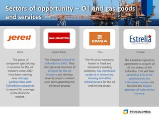0
The group of
companies specializing
in services for the oil
industry, since 2007
have been seeking
new strategic
partnerships with
Colombian companies
to expand its coverage
in the domestic
market.
The Company arrived to
Colombia in 1943. They
offer general provision of
services for the oil
industry and develop
several projects related
with and supporting the
oil sector process
The Peruvian company,
leader in fixed and
temporary building
solutions, has developed
projects in temporary
housing and other
infrastructure for the oil
and mining sector.
The Canadian signed an
agreement to acquire all
of the shares of SAI
Colombia. This will take
control of 37% of oil
platforms in the
Colombian market and
become the largest
operator of holes in the
country.
China United States Peru Canada
Sectors of opportunity – Oil and gas goods
and services
 