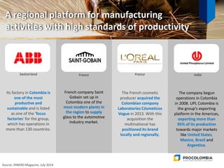 0
Source: DINERO Magazine, July 2014
Its factory in Colombia is
one of the most
productive and
sustainable and is listed
as one of the 'focus
factories' for the group,
which has operations in
more than 130 countries.
French company Saint
Gobain set up in
Colombia one of the
most modern plants in
the region to supply
glass to the automotive
industry market.
The French cosmetic
producer acquired the
Colombian company
Laboratorios Cósmeticos
Vogue in 2013. With this
acquisition the
multinational has
positioned its brand
locally and regionally.
The company begun
operations in Colombia
in 2008. UPL Colombia is
the group's exporting
platform in the Americas,
exporting more than
95% of its production
towards major markets
like United States,
Mexico, Brazil and
Argentina.
Switzerland France France India
A regional platform for manufacturing
activities with high standards of productivity
 