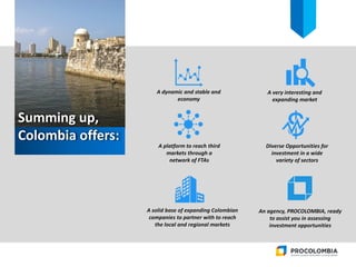 Summing up,
Colombia offers:
A dynamic and stable and
economy
An agency, PROCOLOMBIA, ready
to assist you in assessing
investment opportunities
A solid base of expanding Colombian
companies to partner with to reach
the local and regional markets
Diverse Opportunities for
investment in a wide
variety of sectors
A platform to reach third
markets through a
network of FTAs
A very interesting and
expanding market
 