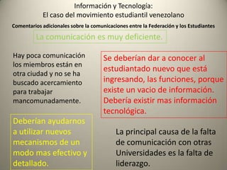 Identificar los canales de comunicación de “la dirigencia estudiantil”, consigo misma, y con los “niveles inferiores” de sus respectivas organizaciones, y