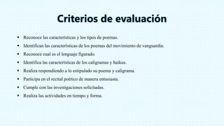  Reconoce las características y los tipos de poemas.
 Identifican las características de los poemas del movimiento de vanguardia.
 Reconoce cual es el lenguaje figurado.
 Identifica las características de los caligramas y haikus.
 Realiza respondiendo a lo estipulado su poema y caligrama.
 Participa en el recital poético de manera entusiasta.
 Cumple con las investigaciones solicitadas.
 Realiza las actividades en tiempo y forma.
 