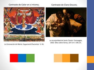 La Coronación de María. Enguerand Charonton S. XV.
Contraste de Color en sí mismo; Contraste de Claro-Oscuro;
La Incredulidad de Santo Tomás. Caravaggio,
1602. Óleo sobre lienzo, 107 cm × 146 cm.
 