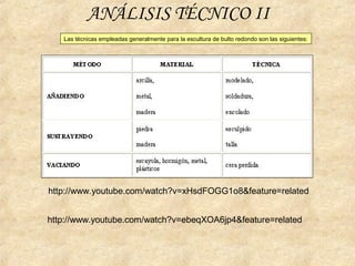 ANÁLISIS TÉCNICO II
http://www.youtube.com/watch?v=xHsdFOGG1o8&feature=related
http://www.youtube.com/watch?v=ebeqXOA6jp4&feature=related
Las técnicas empleadas generalmente para la escultura de bulto redondo son las siguientes:
 