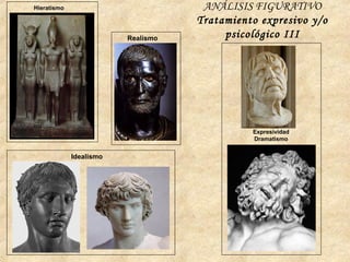 Hieratismo
Idealismo
Realismo
Expresividad
Dramatismo
ANÁLISIS FIGURATIVO
Tratamiento expresivo y/o
psicológico III
 