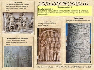ANÁLISIS TÉCNICO III
Tipo de escultura II
Escultura en relieve
Escultura no exenta, labrada sobre una de las superficies de un bloque.
También aquí debemos concretar indicando ante qué tipo de relieve nos
encontramos
Alto relieve
Las figuras están talladas casi en
bulto redondo pero adheridas al
plano (sobresalen mucho del
fondo)
Medio relieve
Las figuras sobresalen la
mitad del bulto.
Bajorrelieve
Las figuras apenas sobresalen del
fondo
Relieve excavado o hundido
La línea del contorno de las
figuras está excavada sobre el
plano.
http://www.youtube.com/watch?v=V_G__bnsZX0&feature=related
 