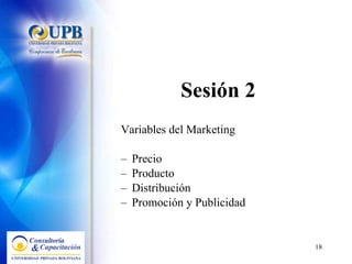 Sesión 2 Variables del Marketing  Precio Producto Distribución Promoción y Publicidad 